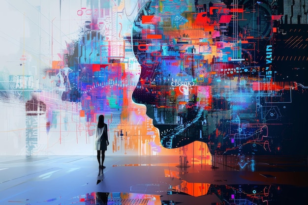 Digital Art Piece Showcasing Integration of Artificial Intelligence A digital art piece showcasing the integration of AI and machine learning in the workplace