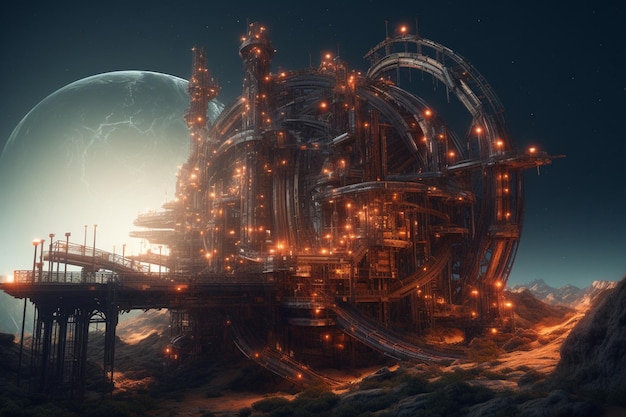 A digital art of a planet with a large industrial building and a planet in the background.