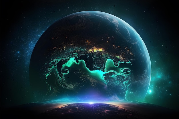 A digital art of a planet with the lights of the planet earth.