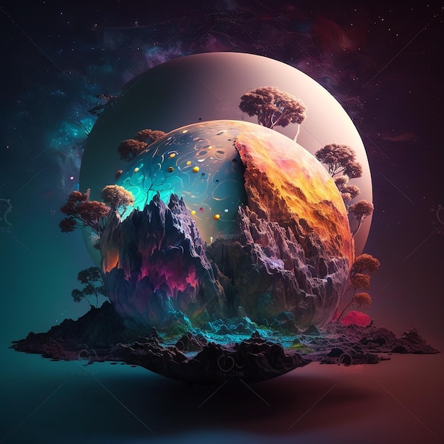 A digital art of a planet with mountains and clouds