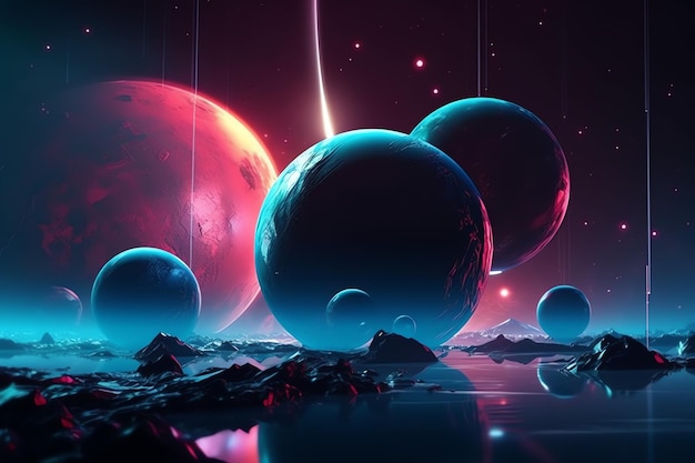 A digital art of planets with a blue background