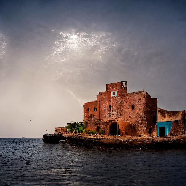 digital art, poetic illustration of the island of Gorée in Senegal in the Atlantic Ocean