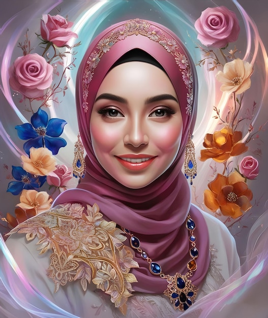 Digital art portrait of a beautiful Muslim woman with abstract lights and flowers in the background