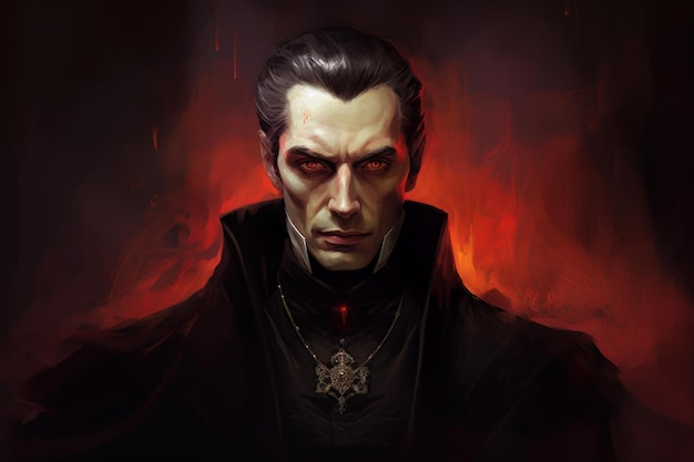 Photo digital art portrait of a vampire lord with a menacing gaze amidst a fiery background