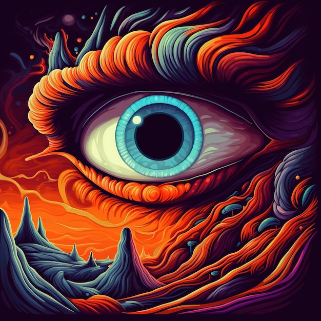 A digital art print of an eye with a mountain in the background.