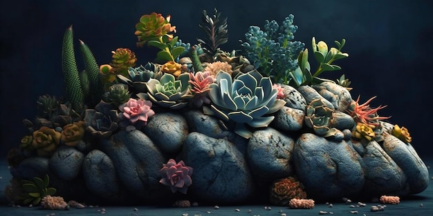 A digital art project created out of stones and plants