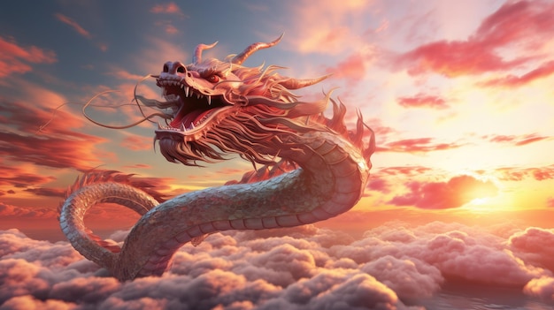 Digital art of a red chinese dragon on the sky