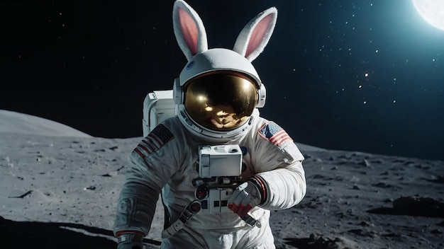 Digital art of retrofuturistic portrait of a rabbit in small astro suit on space background Illustra