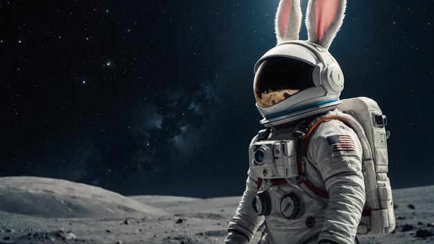 Digital art of retrofuturistic portrait of a rabbit in small astro suit on space background Illustra