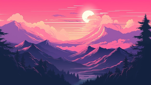 Digital Art of a Serene Mountain Landscape at Sunset