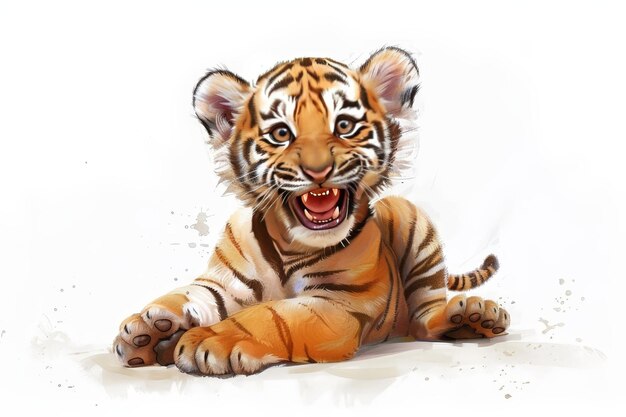 The digital art showcases a cute baby Northeast Tiger in cartoon and Chinese ink painting style sitting and smiling with its paws raised on a white background