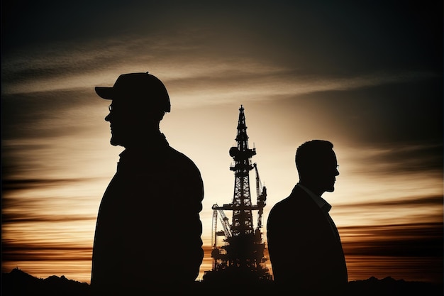 Digital art of Silhouette business people at factory oil rig with sunset city in the background