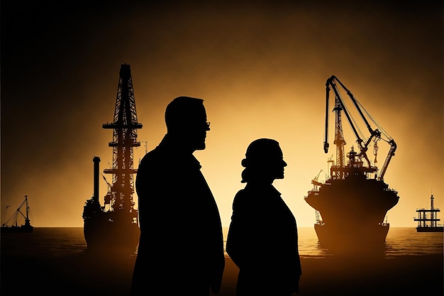 Digital art of Silhouette business people at factory oil rig with sunset city in the background