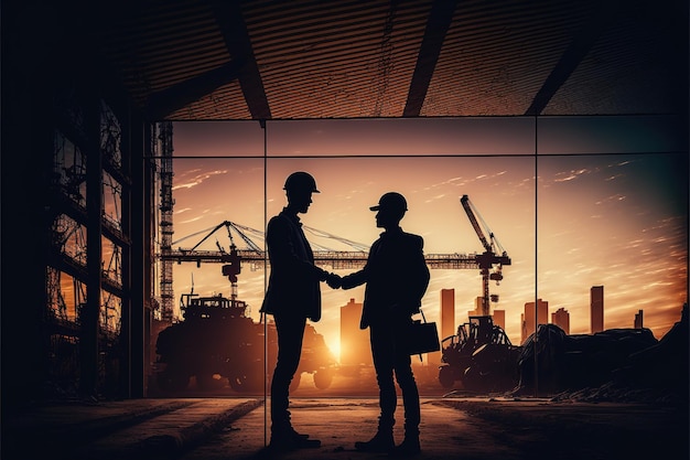 Digital art of Silhouette businessman shake hands with sunset city on the background