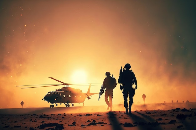 Digital art of silhouette of soldiers with a helicopter in the desert at sunset