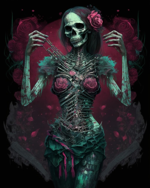 A digital art of a skeleton with roses on her head.