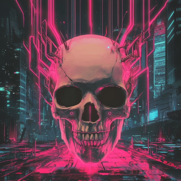 Photo a digital art skull with neon pink lines against a futuristic city background