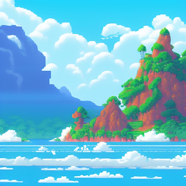 A digital art style of a mountain with a cloudy sky and clouds.