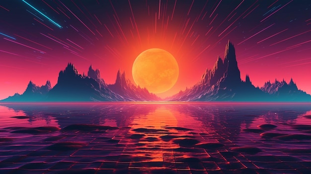 A digital art of a sunset with a moon and mountains in the background.