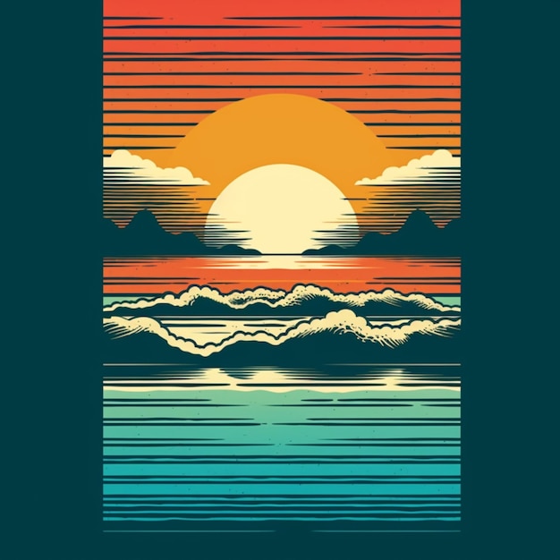 A digital art of a sunset with the sun setting over the water.