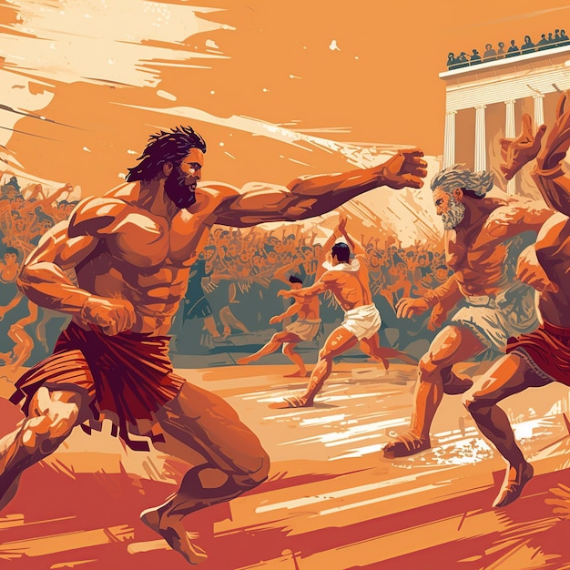 Digital art of a tense moment in the ancient Olympic Games during a javelin throw