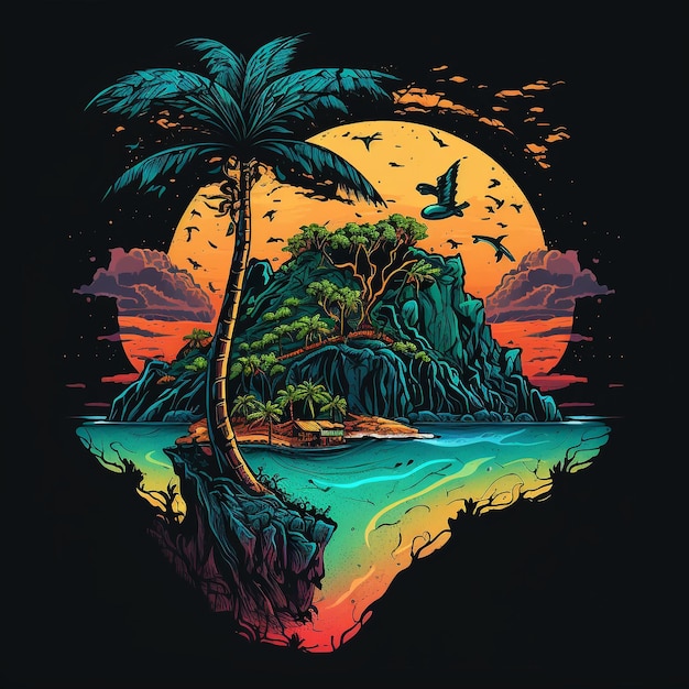 A digital art of a tropical island with a palm tree on it.