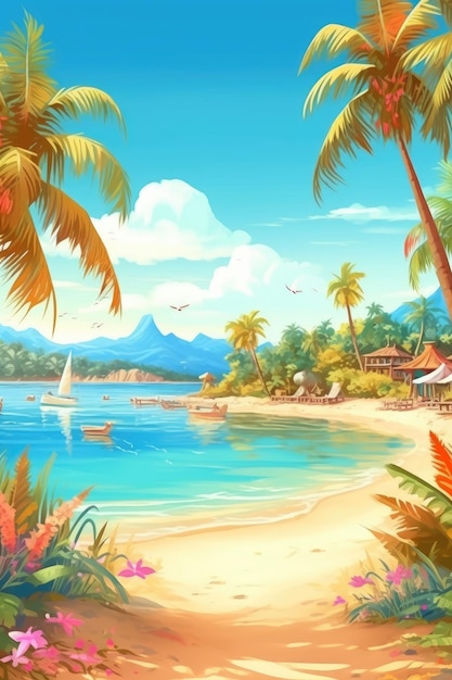 Digital art of a tropical paradise beach with crystalclear water Illustration Generative AI