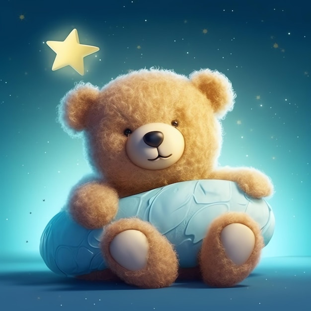 Digital art two cute teddy bears sitting on cloud and hugging a star Sleeping bear on the moon