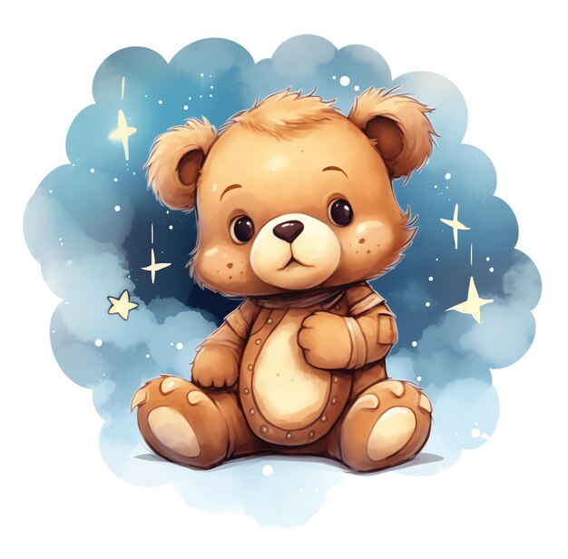 Digital art two cute teddy bears sitting on cloud and hugging a star Sleeping bear on the moon