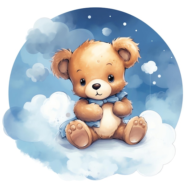 Digital art two cute teddy bears sitting on cloud and hugging a star Sleeping bear on the moon