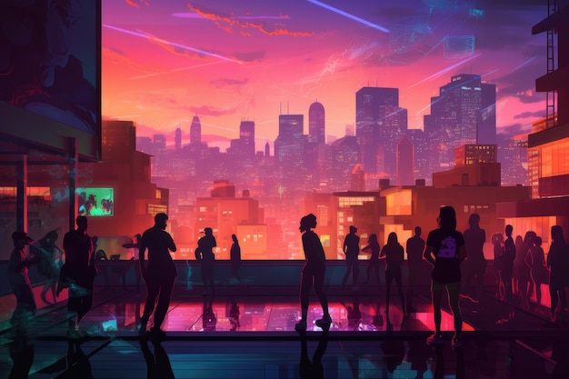 digital art of An urban rooftop with a neon lit dance floor surrounded by futuristic buildings