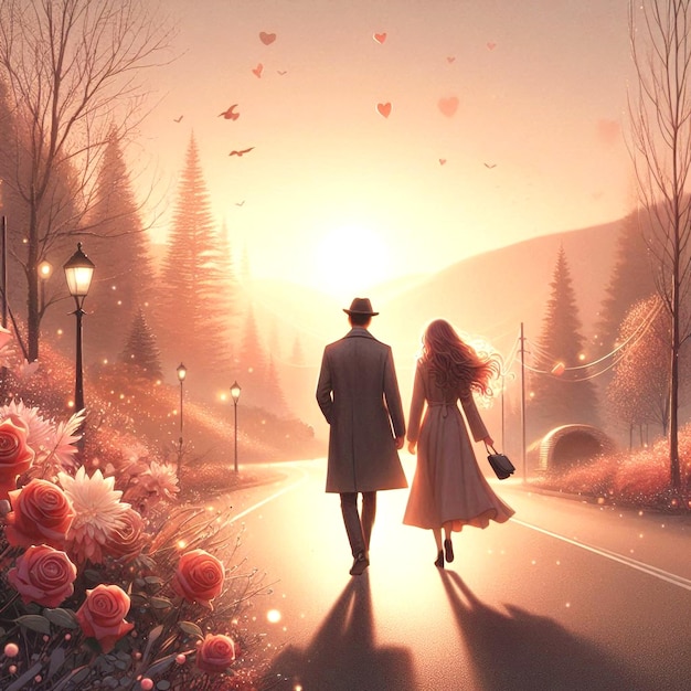 Digital art valentines day scene with couple in love