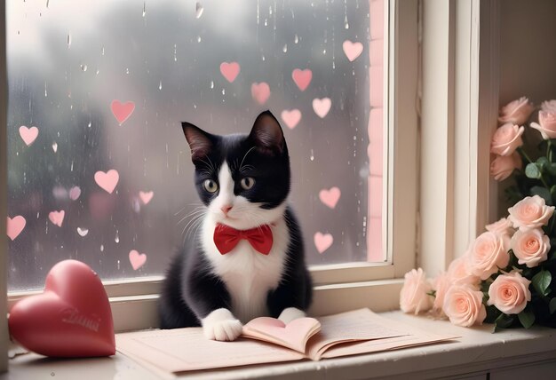 Digital art valentines day scene with kitten