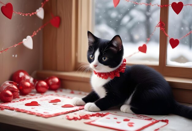 Photo digital art valentines day scene with kitten