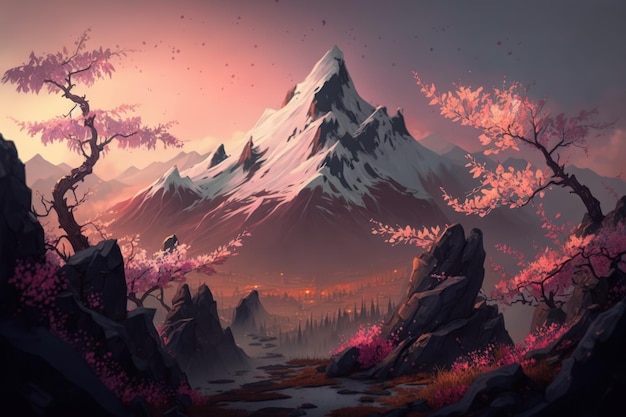 Digital art with an oriental theme An image of a mountainous terrain at dawn with sakura blooms