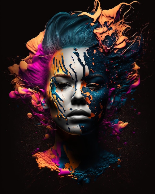 A digital art of a woman's face with paint dripping down the middle