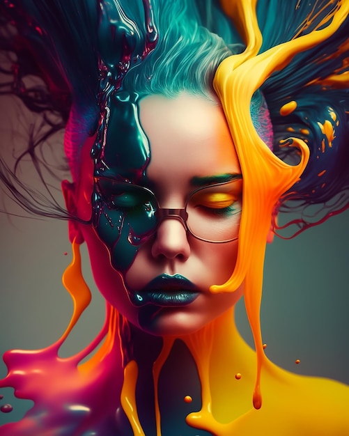 A digital art of a woman's face with paint dripping down the middle