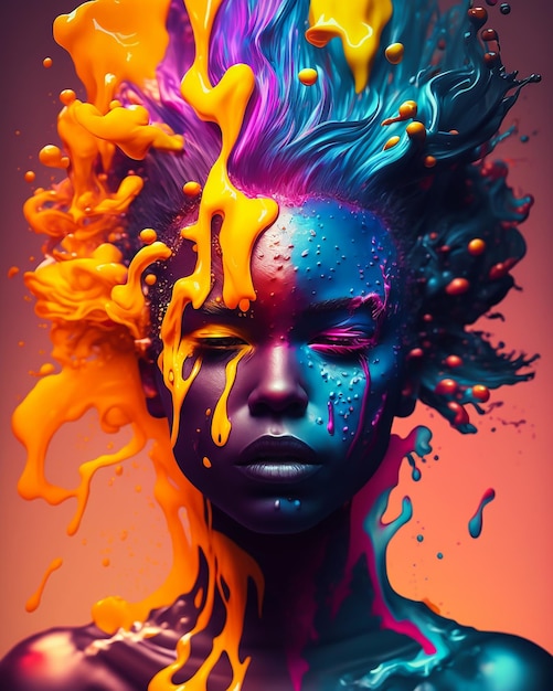 A digital art of a woman's face with paint dripping down the middle