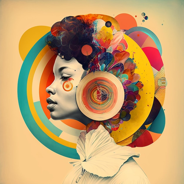 A digital art of a woman with a colorful headband and a colorful circle around her head.