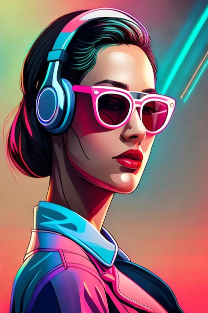 A digital art of a woman with headphones and a neon sign that says neon.