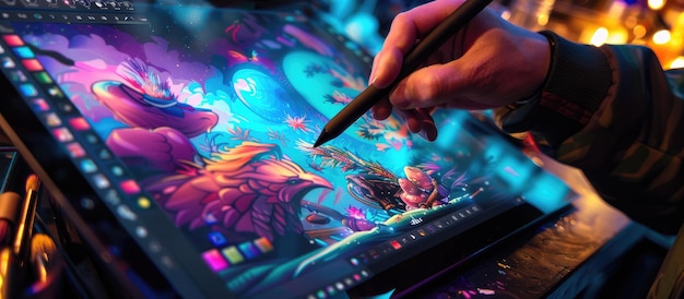 Digital Artist Creating a Vibrant Fantasy Scene