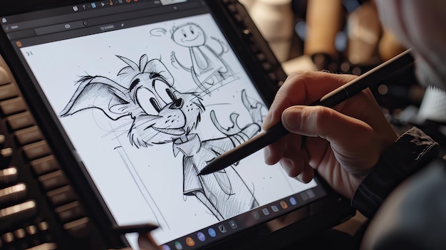 Digital Artist Drawing Cartoon Character on Tablet Creative Process of Animation and Illustration