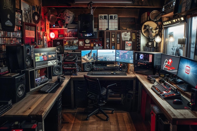 A digital artist39s workspace filled with hightech gadgets graphic tablets and virtual reality equipment