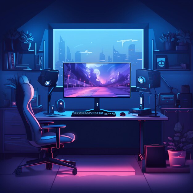 digital artists workspace with glowing monitors and neon lights