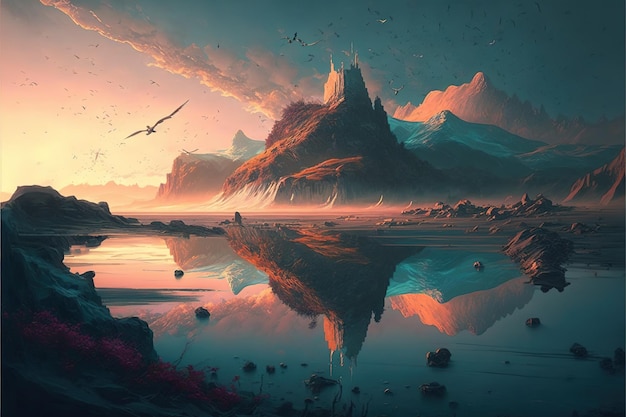 Digital artwork of beautiful and surreal mountain range landscape