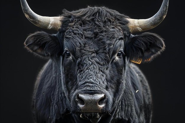 Digital artwork of black background with a large head of a bulls face