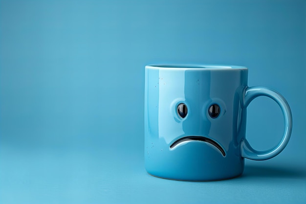 Digital artwork of blue mug with sad face on it solid blue background minimalist style high resol