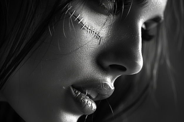 Digital artwork of close up of mouth with stitches black and white photography soft light minimal