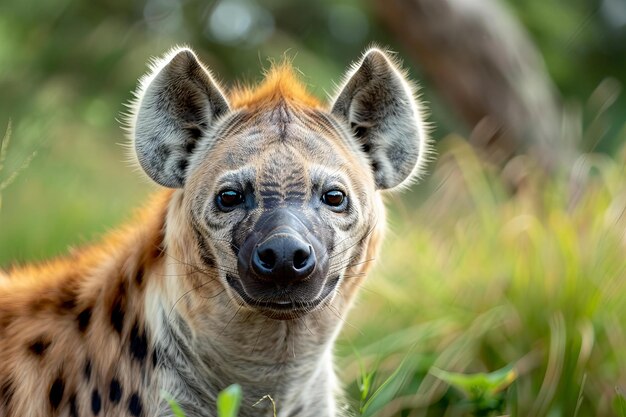 Photo digital artwork of closeup portrait of an african hyena in its natural habitat looking at the came