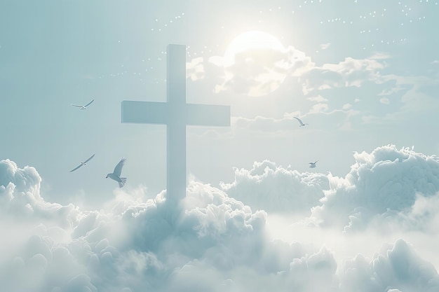 Digital artwork of cross floating in the clouds birds flying around it with a white and blue colo